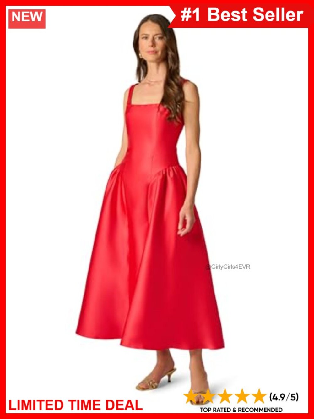 Mikado Ankle Dress with Shirred Sides and Square Neck